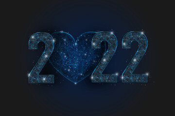 Abstract isolated blue image of new year number 2022 with heart. Polygonal low poly wireframe illustration looks like stars in the blask night sky in spase or flying glass shards. © Katsiaryna