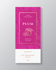 Plum Home Fragrance Abstract Vector Label Template. Hand Drawn Sketch Flowers, Leaves Background and Retro Typography. Premium Room Perfume Packaging Design Layout. Realistic Mockup. Isolated