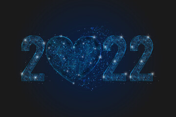 Abstract isolated blue image of new year number 2022 with heart. Polygonal low poly wireframe illustration looks like stars in the blask night sky in spase or flying glass shards. © Katsiaryna