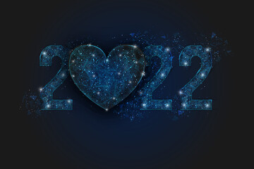 Abstract isolated blue image of new year number 2022 with heart. Polygonal low poly wireframe illustration looks like stars in the blask night sky in spase or flying glass shards. © Katsiaryna