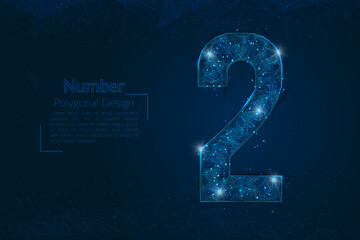 Abstract isolated blue image of a number two. Polygonal illustration looks like stars in the blask night sky in spase or flying glass shards. Digital design for website, web, internet. © Katsiaryna