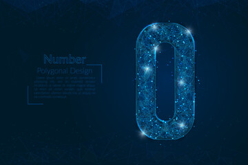 Abstract isolated blue image of a number zero. Polygonal illustration looks like stars in the blask night sky in spase or flying glass shards. Digital design for website, web, internet. © Katsiaryna