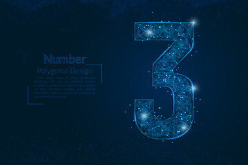 Abstract isolated blue image of a number three. Polygonal illustration looks like stars in the blask night sky in spase or flying glass shards. Digital design for website, web, internet. © Katsiaryna
