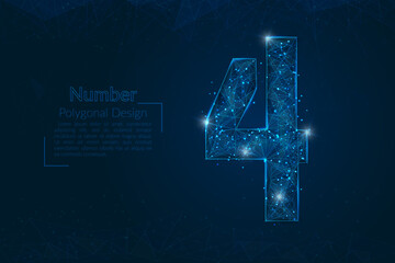 Abstract isolated blue image of a number four. Polygonal illustration looks like stars in the blask night sky in spase or flying glass shards. Digital design for website, web, internet. © Katsiaryna