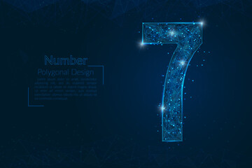 Abstract isolated blue image of a number seven. Polygonal illustration looks like stars in the blask night sky in spase or flying glass shards. Digital design for website, web, internet. © Katsiaryna