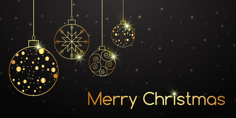 Golden Christmas balls on a dark background with shimmering highlights. Festive background design for cards, posters, banners.