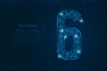 Abstract isolated blue image of a number six. Polygonal illustration looks like stars in the blask night sky in spase or flying glass shards. Digital design for website, web, internet. © Katsiaryna