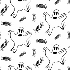 Vector halloween ghost and sweets seamless pattern isolated on white background. Cute illustration for seasonal design, textile, decoration kids playroom or greeting card. Hand drawn prints and doodle