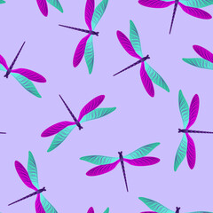 Dragonfly vintage seamless pattern. Spring dress fabric print with darning-needle insects. Isolated