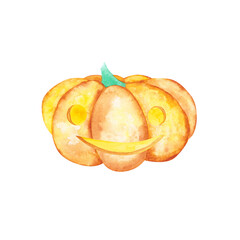 Pumpkin isolated on a white background. Watercolor Halloween pumpkin with a smiley face. Hand-drawn Halloween vegetable. Orange pumpkin illustration. Funny fall clipart. Happy Halloween symbol.