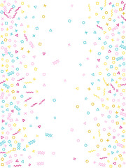 Memphis style geometric confetti background with triangle, circle, square, zigzag and wavy line