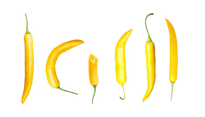 Set with ripe yellow chili peppers on white background