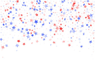 Flying red blue white star sparkles on white vector american patriotic background.