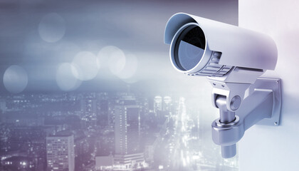 3d render of a surveillance camera overlooking the city.