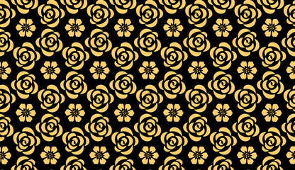 Flower geometric pattern. with roses. Seamless vector background. Gold and black ornament. Ornament for fabric, wallpaper, packaging. Decorative print