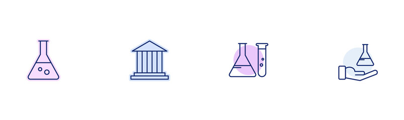 Set vector laboratory chemical flask in hand and university icons. Illustration flat. Science technology. Isolated object for science websites, application, interface, infographics