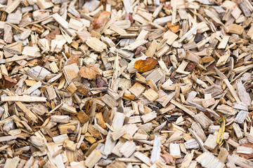 close up of wood chips texture with some leaves