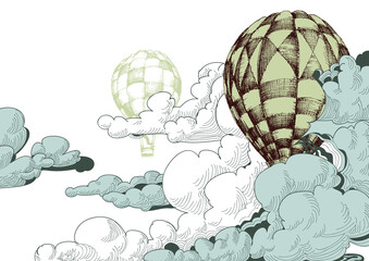 Hot air balloons in the clouds, sky background with space for text