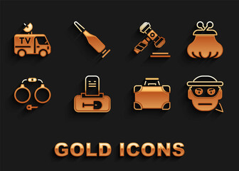 Set Grave with tombstone, Wallet, Bandit, Briefcase money, Handcuffs, Judge gavel, TV News car and Bullet icon. Vector