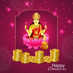 Indian religious festival shubh dhanteras celebration card with vector illustration of goddess laxami