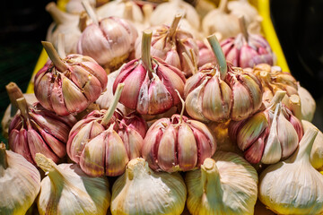 Garlic close up on a market stall background