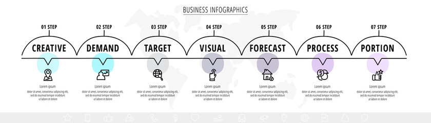 Hand-drawn vector minimal line infographics with 7 icons. Timeline business three steps by step. Modern flat template with seven ways for chart, diagram, flowchart, banner, flowchart, levels