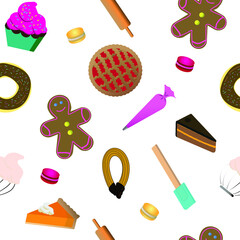 Seamless bakery pattern. Collection of cakes and utensils.