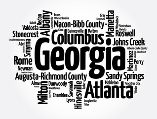 List of cities in Georgia USA state, word cloud concept background
