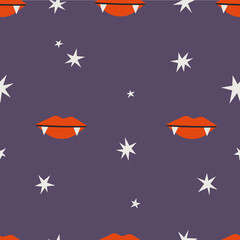 Obraz premium Vampire lips seamless vector pattern on purple background in flat cartoon style.
