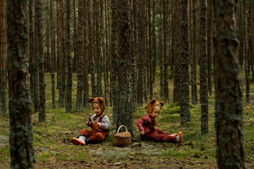 Toddler baby twins in bear bonnets sitting in the woods - obrazy, fototapety, plakaty