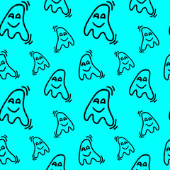 Vector halloween seamless pattern of ghost isolated on blue background. Funny, cute illustration for seasonal design, textile, decoration kids playroom or greeting card. Hand drawn prints and doodle.