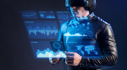 Progress bar loading. Man with futuristic tablet in hand. Guy using VR glasses. Augmented reality, future technology concept. Futuristic holographic loading interface.