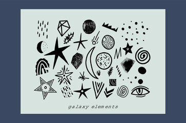 Cosmic  clipart set. Space doodle objects, stars, planets, comets, abstract elements