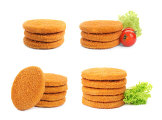 Set with tasty breaded cutlets on white background