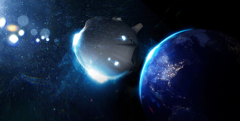 Spacecraft In Outer Space. Planet Earth from space at night. Elements of this image furnished by...