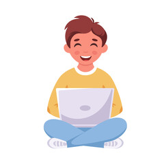 Boy sitting with laptop. Online learning, back to school concept. Vector illustration