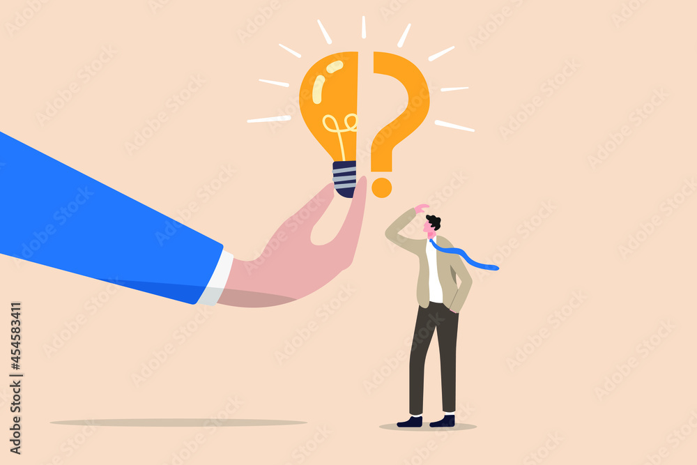 Poster man searching for answers with light bulb glowing over his head. question mark and support template 