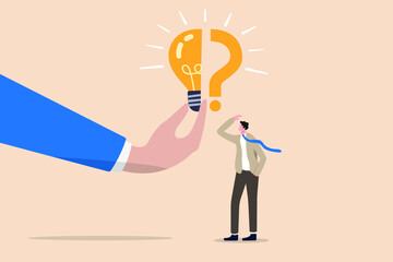 Man searching for answers with light bulb glowing over his head. Question mark and support template design
