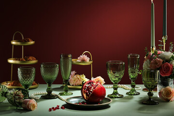 Festive table setting with burning candles and green branches. Beautiful table setting with Christmas decorations. 