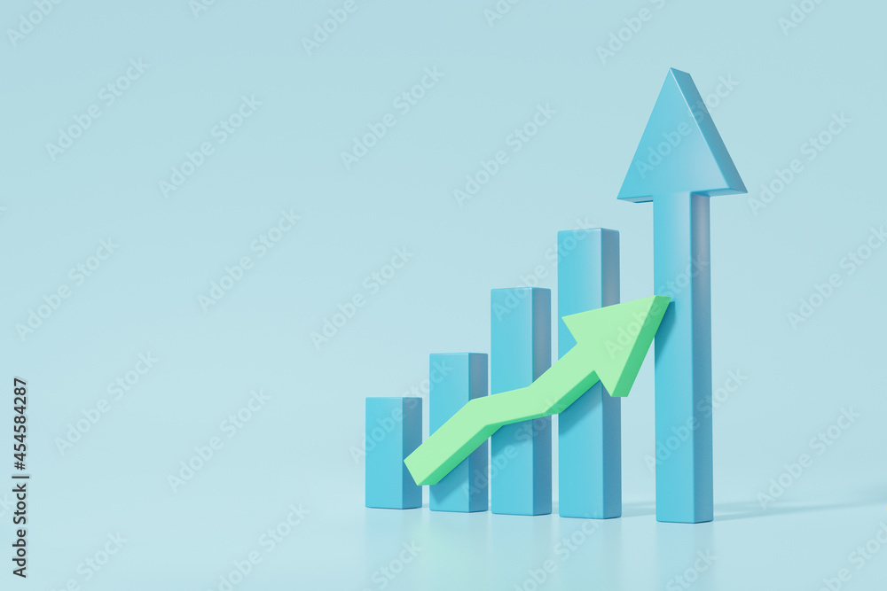 Wall mural 3D business statistics finance chart graph analytics Optimization development investment, target growth Growing future startup concept. on sky blue background, 3d render illustration