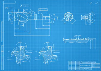 Fototapeta na wymiar Mechanical engineering drawings on blue background. Tap tools, borer. Technical Design. Cover. Blueprint. Vector illustration.