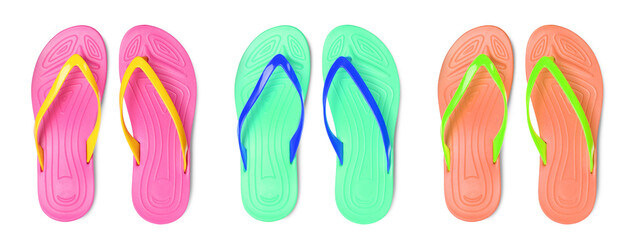 Set with different colorful flip flops on white background, top view. Banner design