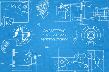 Mechanical engineering drawings on blue background. Tap tools, borer. Technical Design. Cover. Blueprint. Vector illustration.