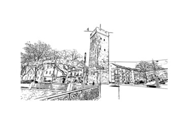 Building view with landmark of Heilbronn is the 
city in Germany. Hand drawn sketch illustration in vector.