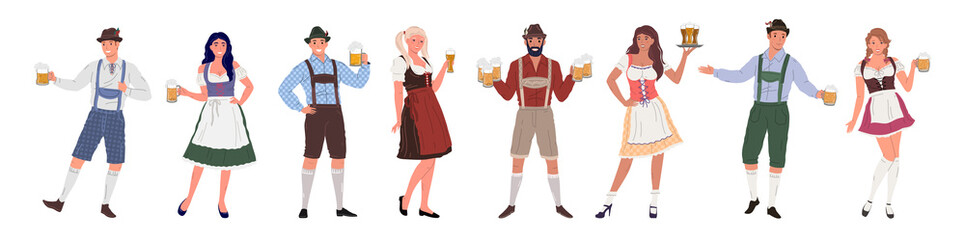 Group of people of different genders, in traditional German costumes. Oktoberfest characters set in retro style with glasses of beer in hands on a white background. Flat cartoon vector illustration - obrazy, fototapety, plakaty