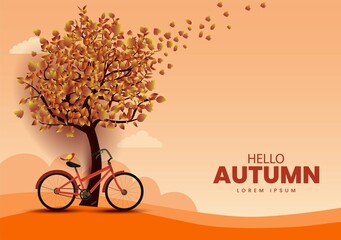 hello Autumn stylish background decorate with leaves and tree. web banner. Vector illustration poster template design.