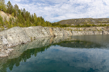 Fototapeta premium Group of small pines are by a lake with blue water in a park in the summer day.