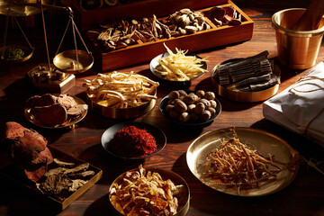 Traditional chinese herbal medicine. Ancient Chinese medicine and herbs on wooden table