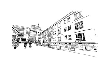 Building view with landmark of Heilbronn is the 
city in Germany. Hand drawn sketch illustration in vector.