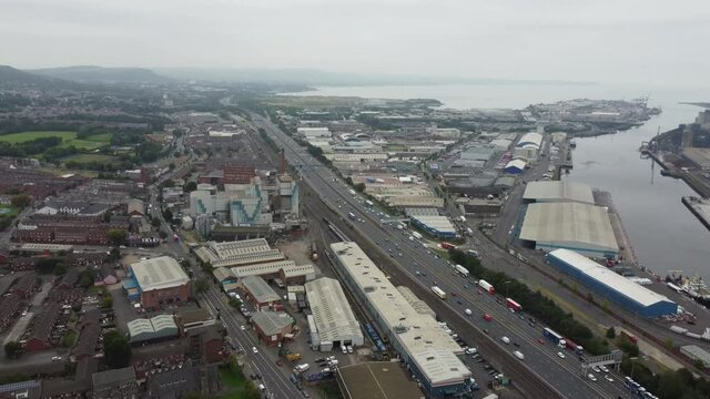 Aerial footage of M2 Motorway Belfast Northern Ireland